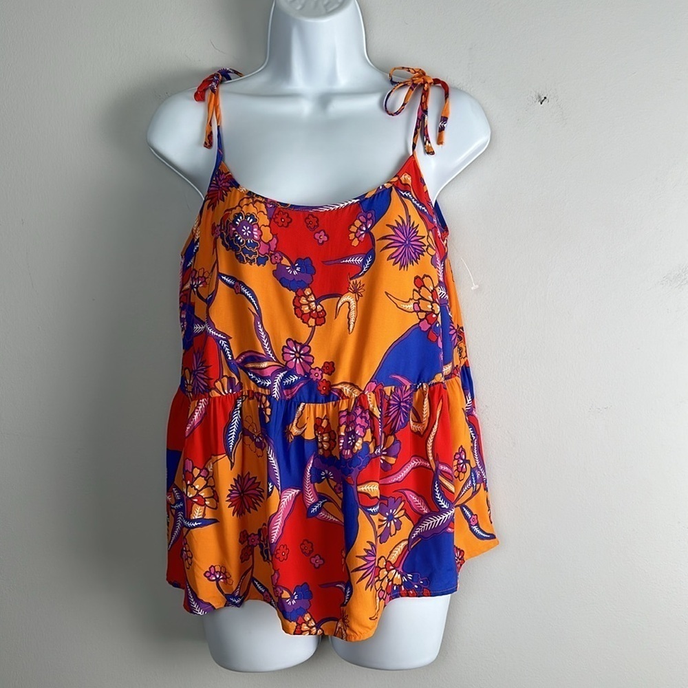 NWOT ModCloth Bohemia Bound Peplum Tank Top Orange/Multi Bali Floral Size M